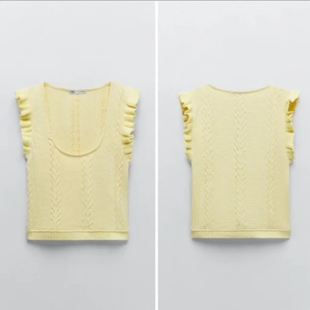 ZARA Yellow Knit Ruffle Sleeve Crop Top - Size M - Picture 5 of 10